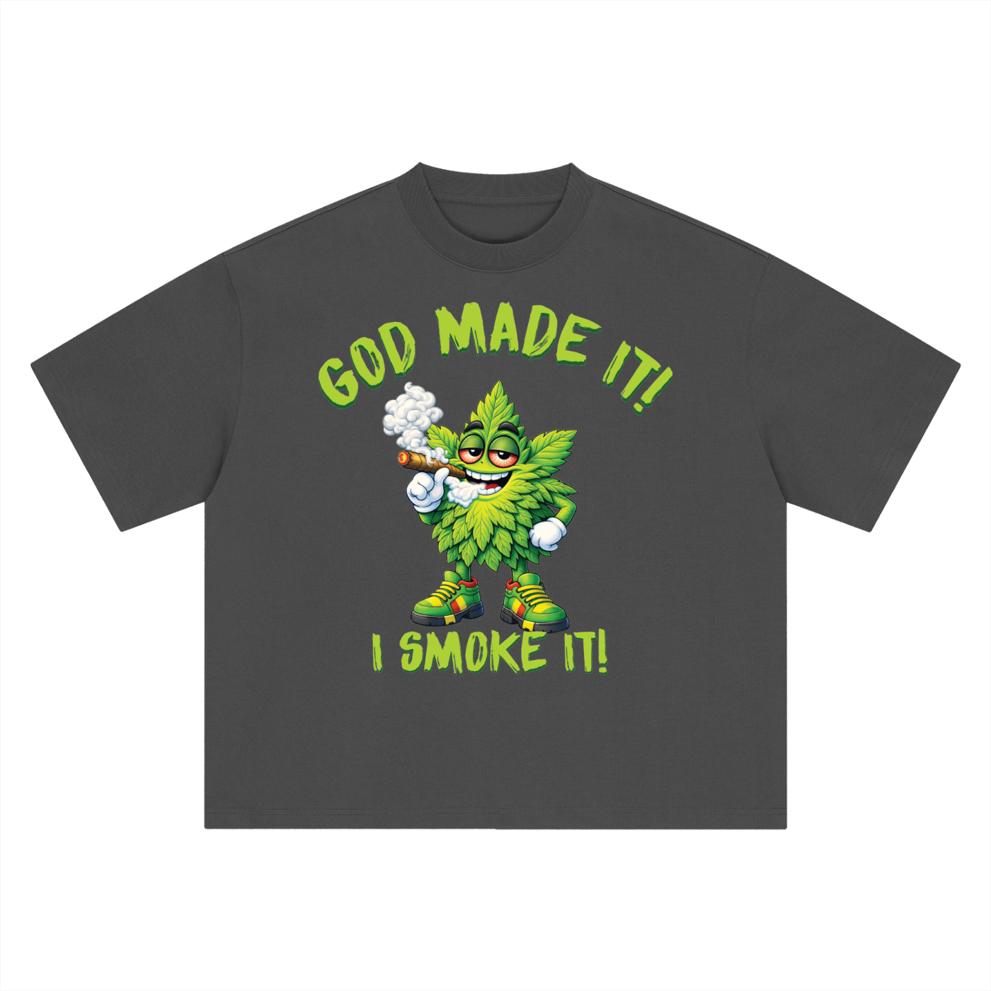 God Made It, I Smoke It – Leaf Mascot Boxy Oversized T-Shirt (Front Print)