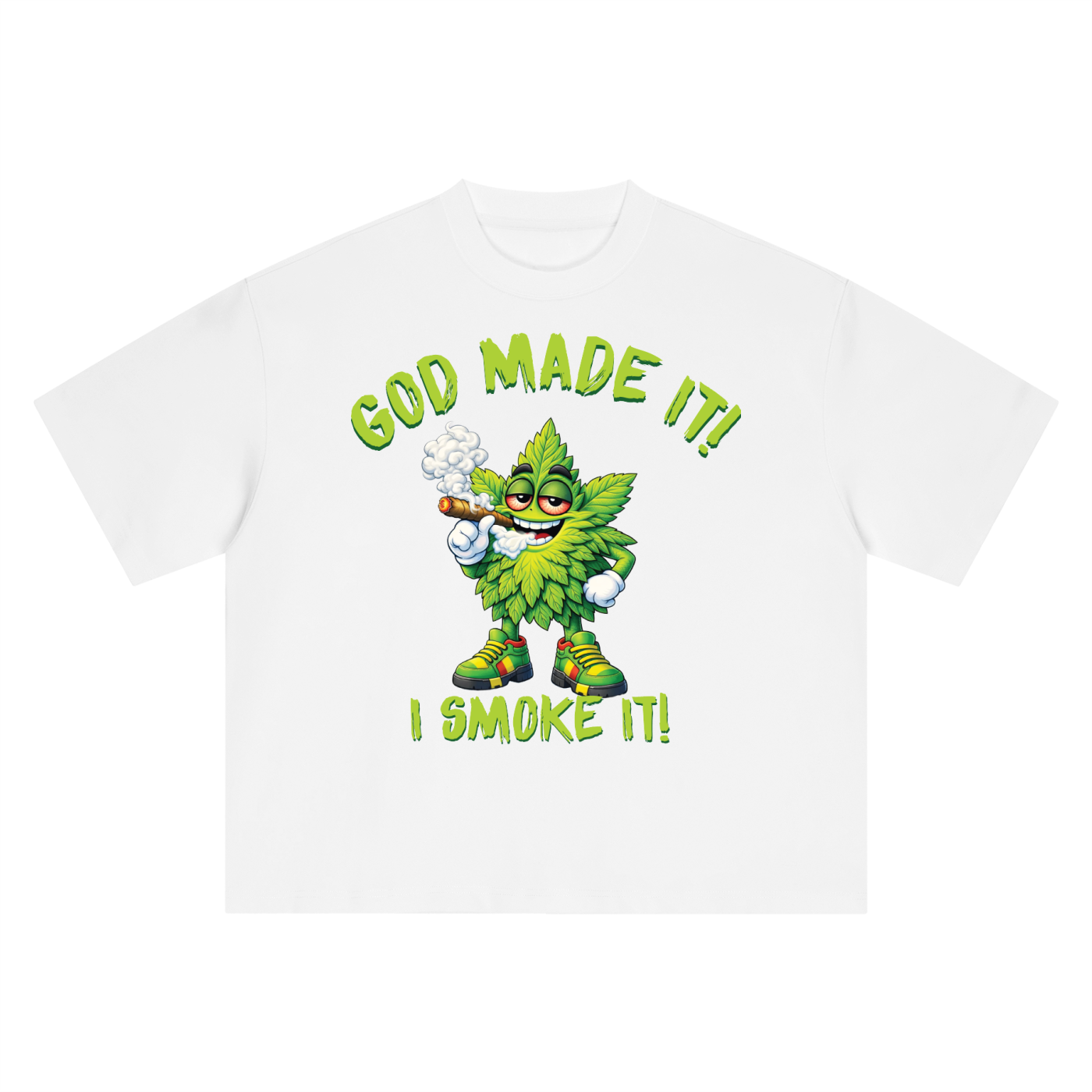 God Made It, I Smoke It – Leaf Mascot Boxy Oversized T-Shirt (Front Print)