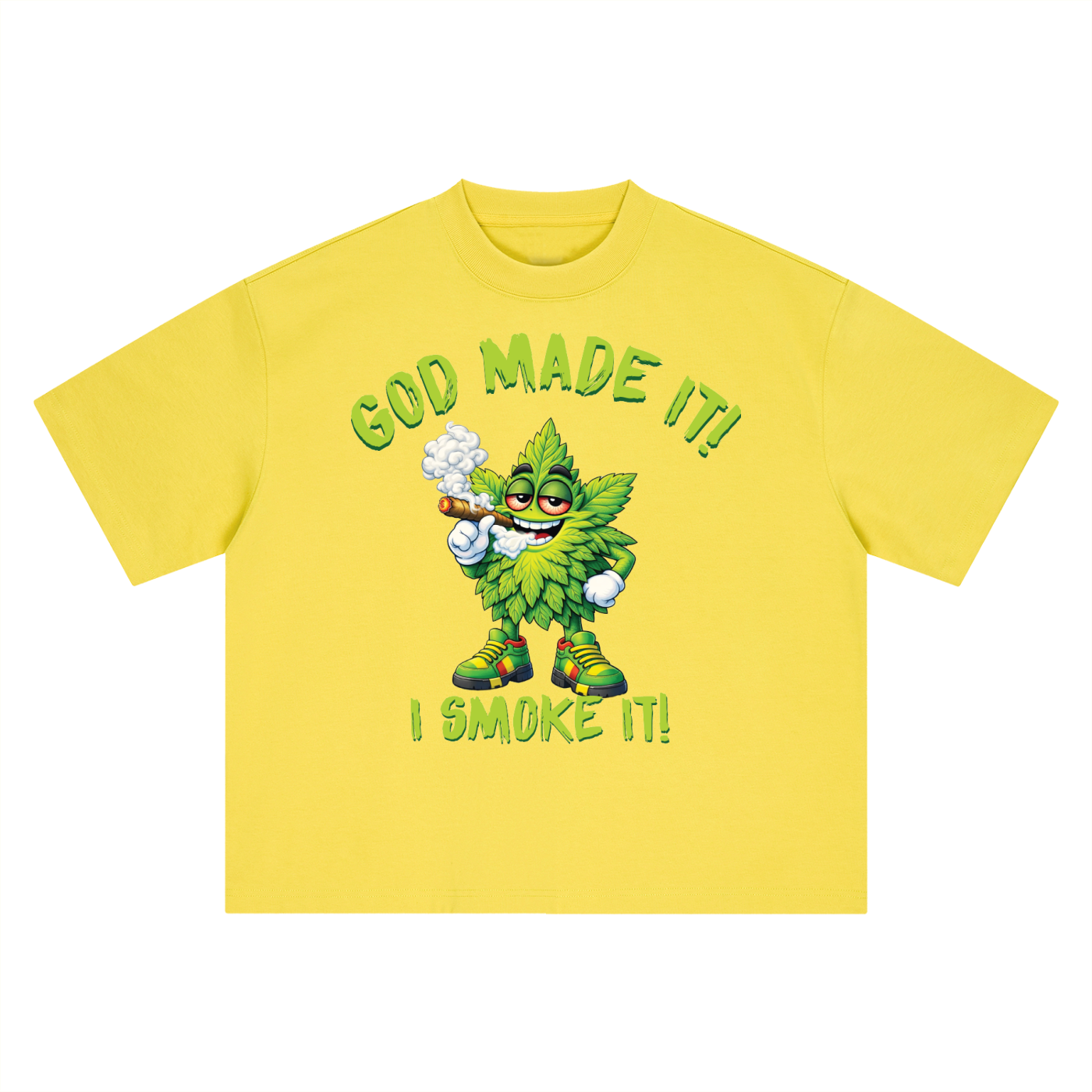 God Made It, I Smoke It – Leaf Mascot Boxy Oversized T-Shirt (Front Print)