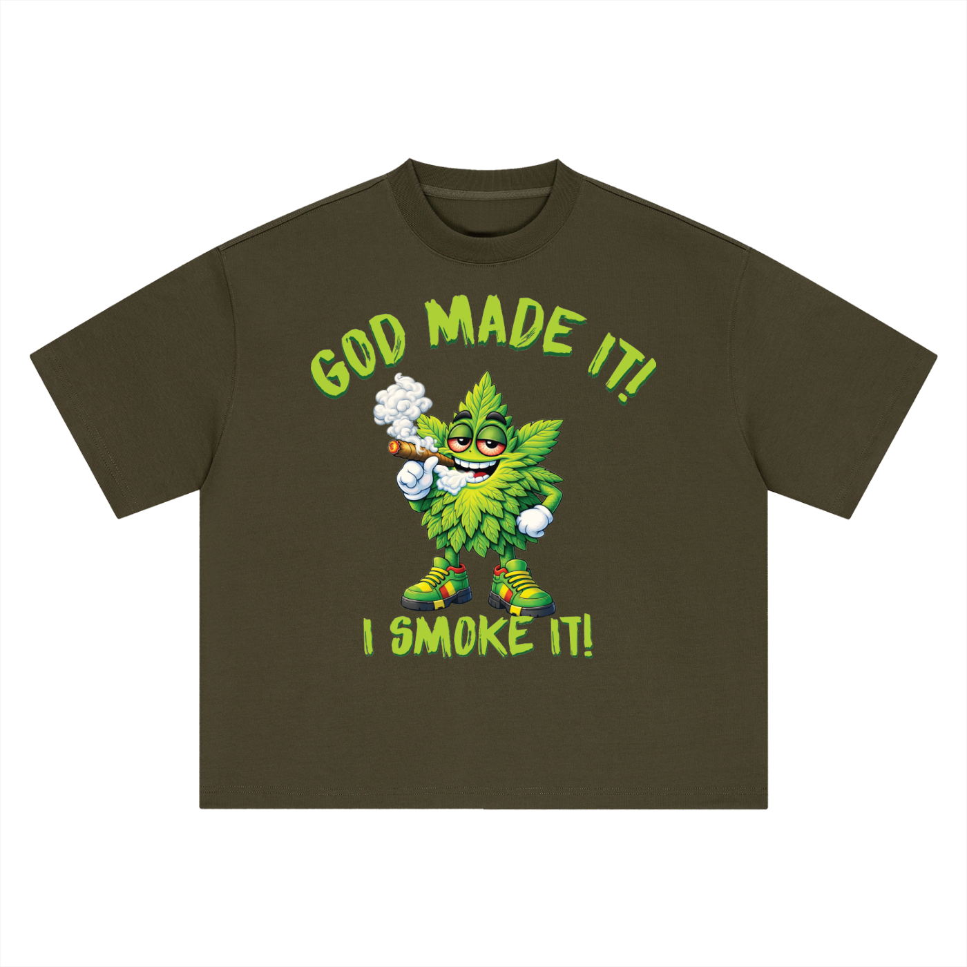 God Made It, I Smoke It – Leaf Mascot Boxy Oversized T-Shirt (Front Print)