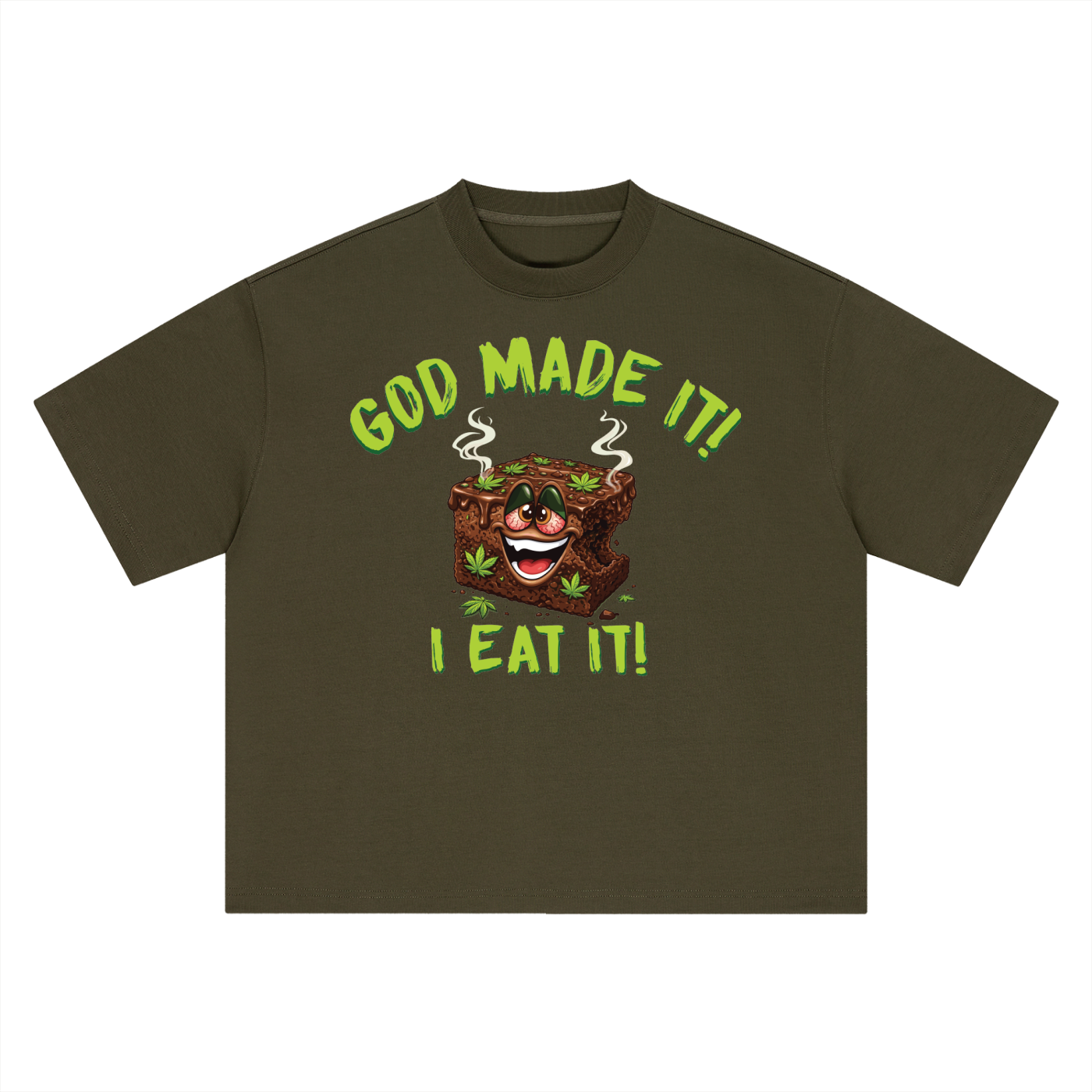 God Made It, I Eat It – Brownie Character Boxy Oversized T-Shirt (Front Print)
