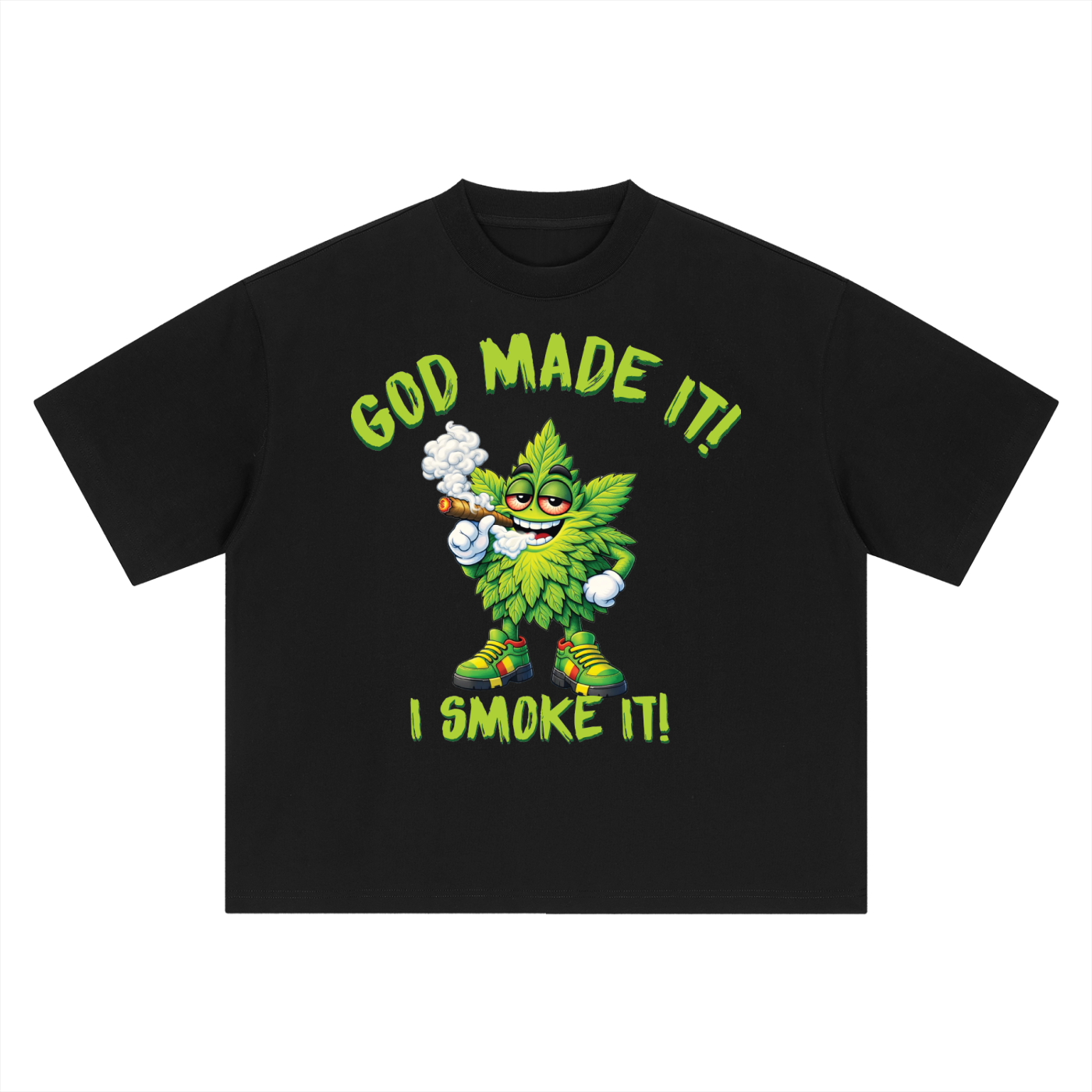 God Made It, I Smoke It – Leaf Mascot Boxy Oversized T-Shirt (Front Print)