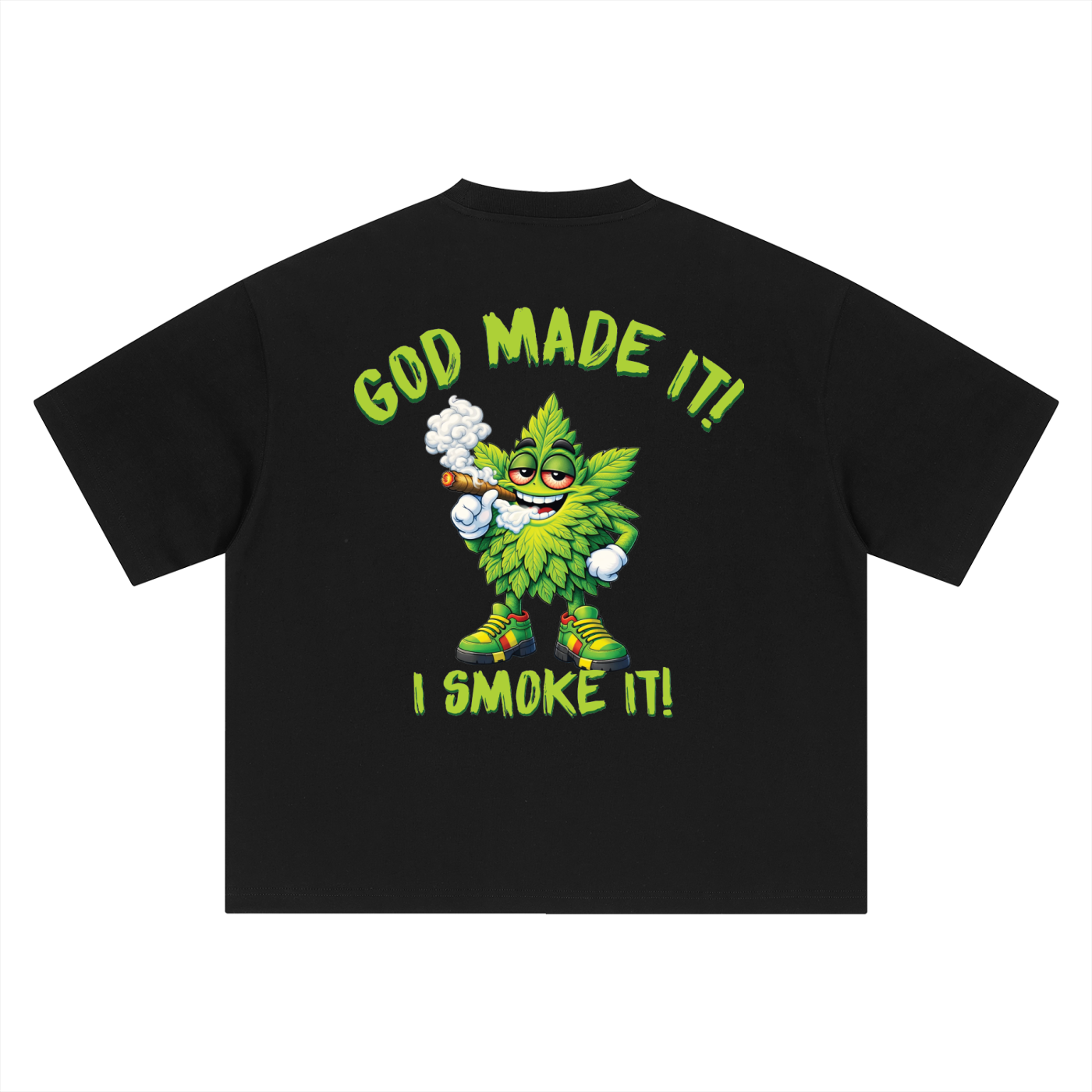 God Made It, I Smoke It – Leaf Mascot Boxy Oversized T-Shirt (Rear Print)
